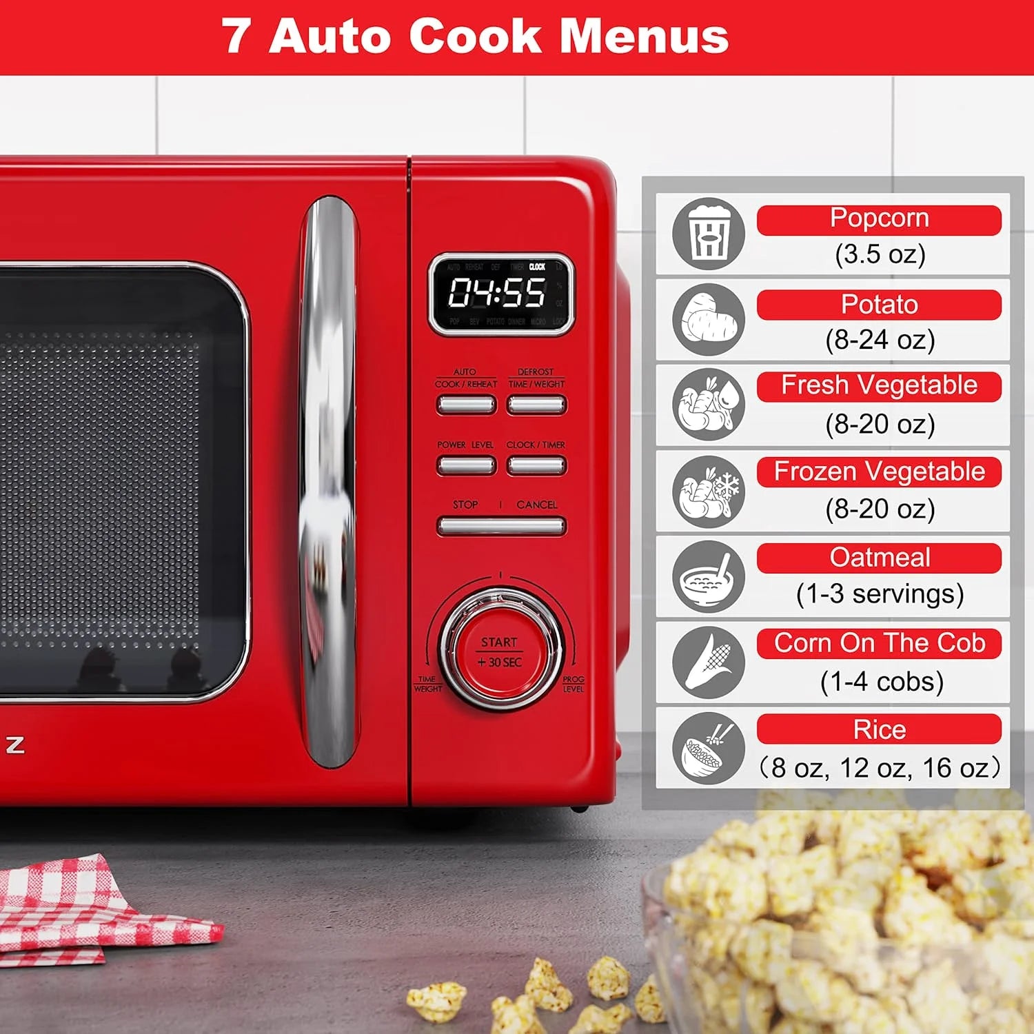 Galanz Retro Countertop Microwave Oven with Auto Cook & Reheat, Defrost, Quick Start Functions, Easy Clean with Glass Turntable, Pull Handle, .9 cu ft, Black