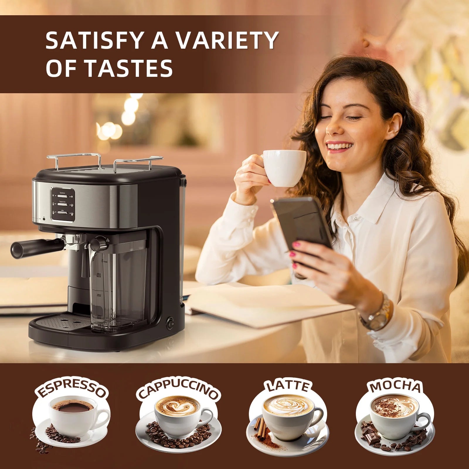 Auseo 20 Bar Espresso Machines, Espresso Coffee Maker with Milk Frother Steam Wand, Ground Coffee & Capsules, Black and Stainless Finish, Espresso/Cappuccino/Latte/Mocha for Home