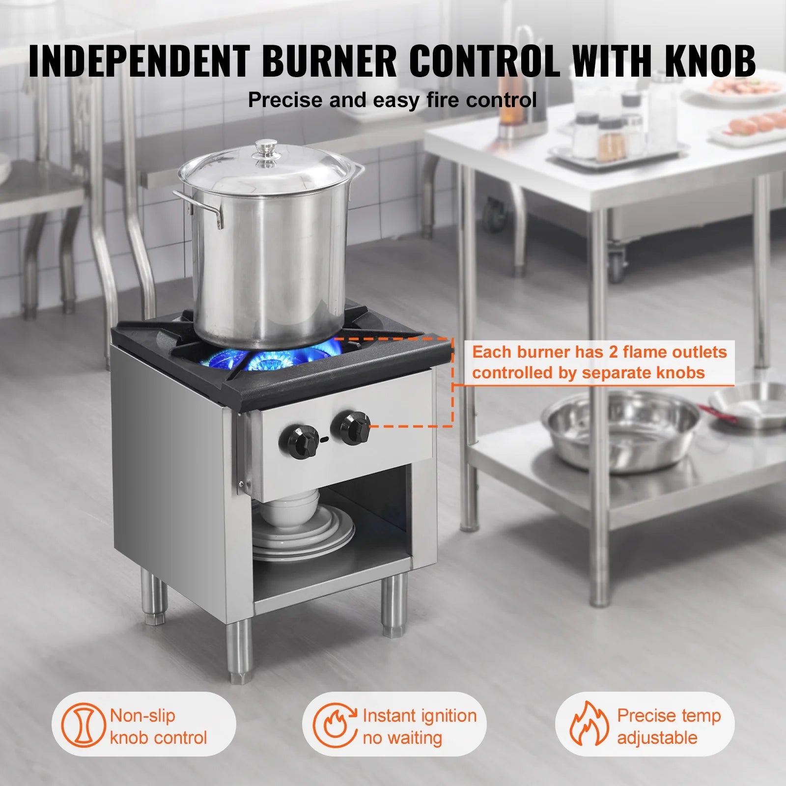 KFFKFF Gas Range for Commercial Kitchens, Dual Fuel Support with Propane & Natural Gas, Stainless Steel Countertop Burner, 90,000 BTU, Includes Storage Cabinet, Ideal for Restaurants