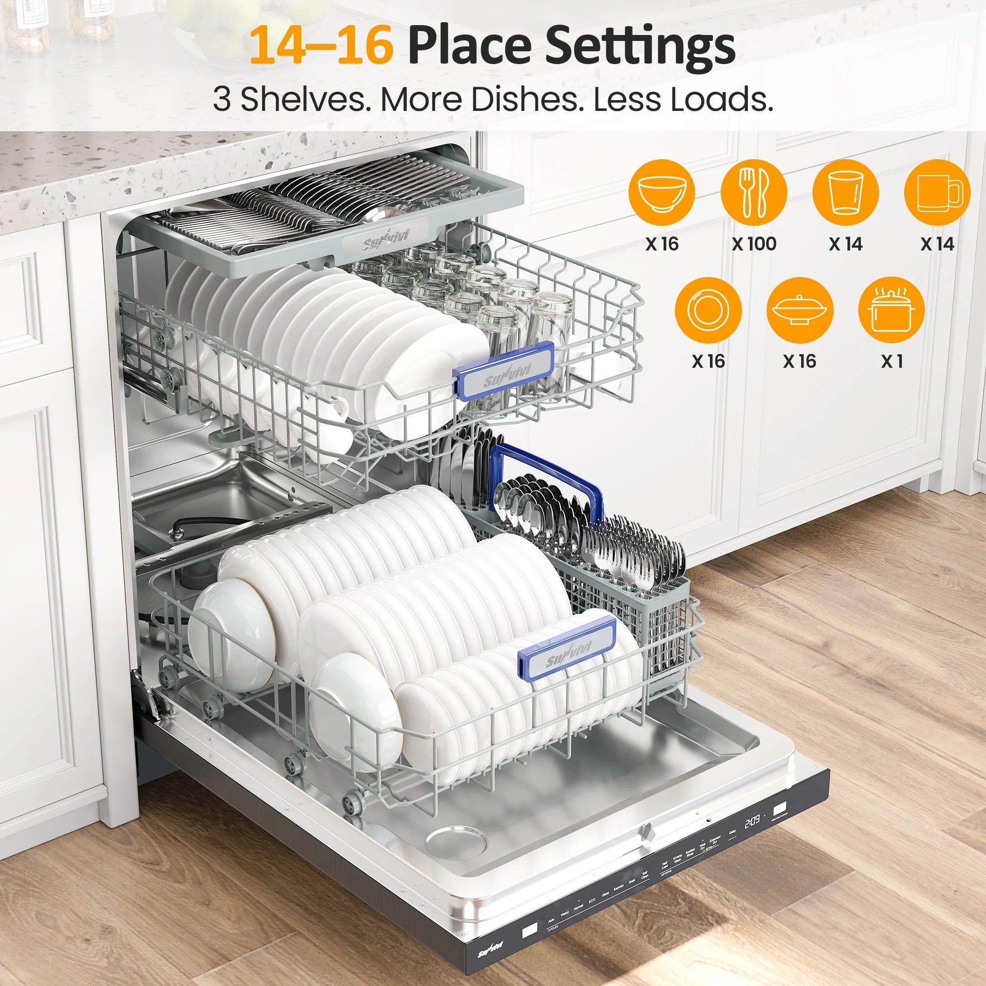 Sunvivi 24" Stainless Steel Built-in Dishwasher, 14-16 Place Settings Dishwasher Machine, 8 Wash Programs, Energy Star, Sliver