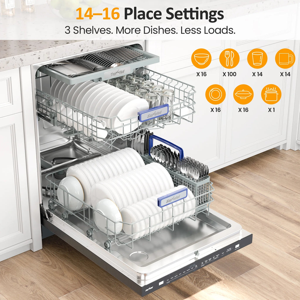 Heynemo 24" Stainless Steel Built-in Dishwasher, 14-16 Place Settings Dishwasher Machine, 8 Wash Programs, Energy Star, Sliver