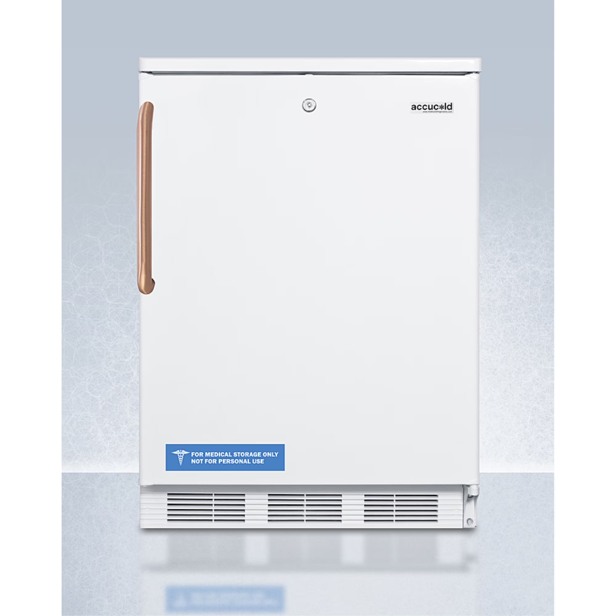24" wide auto defrost all-refrigerator with lock, digital thermostat, internal fan, door storage, and copper handle