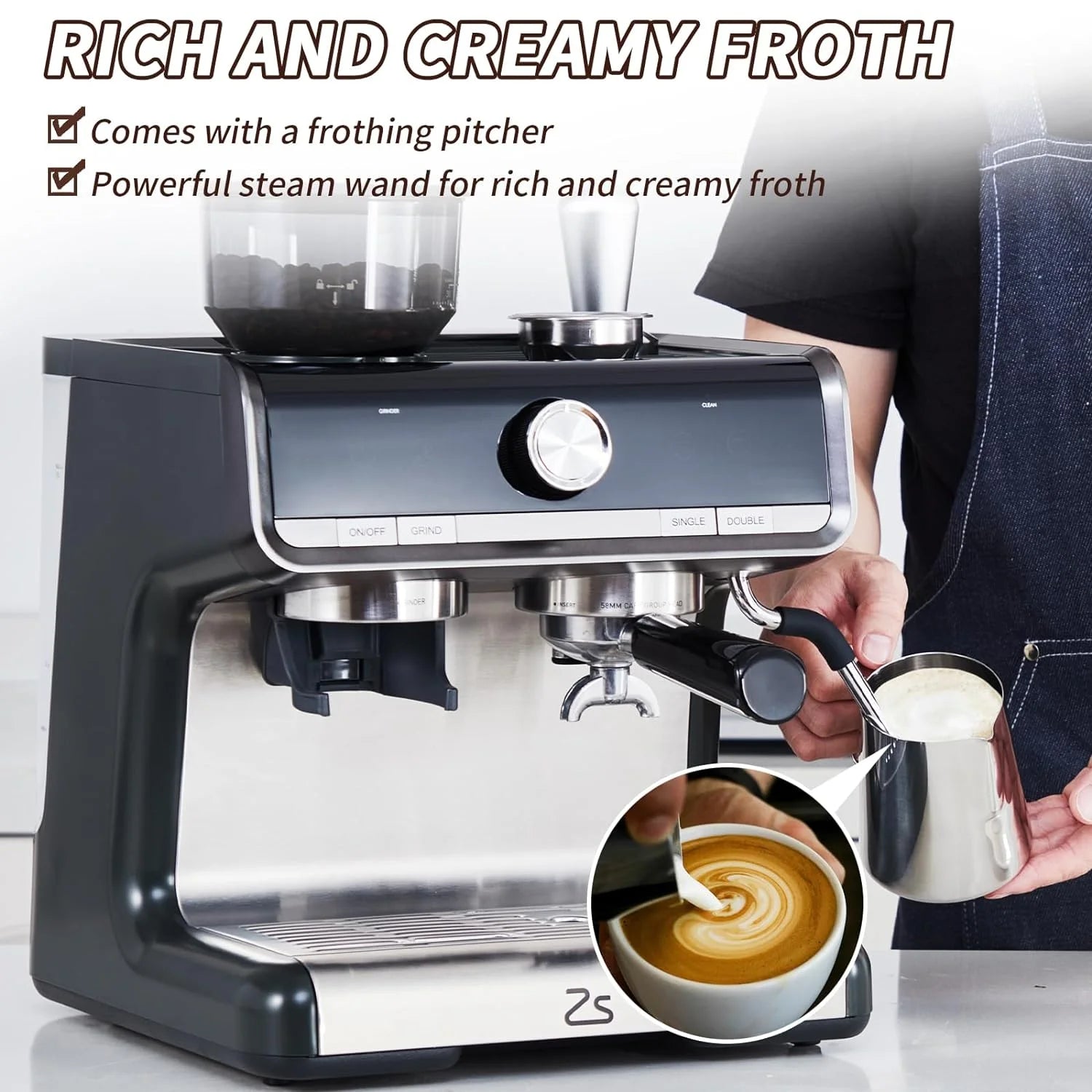 COZONY Espresso Machine 15 Bar, 2.5 L Water Tank, Semi Automatic Coffee Maker with Grinder, Milk Frother/Steam Wand, Italian Pump, All-in-One Espresso Machine, Stainless Steel, Silver