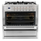 Cosmo 4 Piece Kitchen Appliance Packages with 36" Freestanding 220/240V Dual Fuel Range 36" Under Cabinet Mount Range Hood 24" Built-in Dishwasher & French Door Refrigerator Kitchen Appliance Bundles