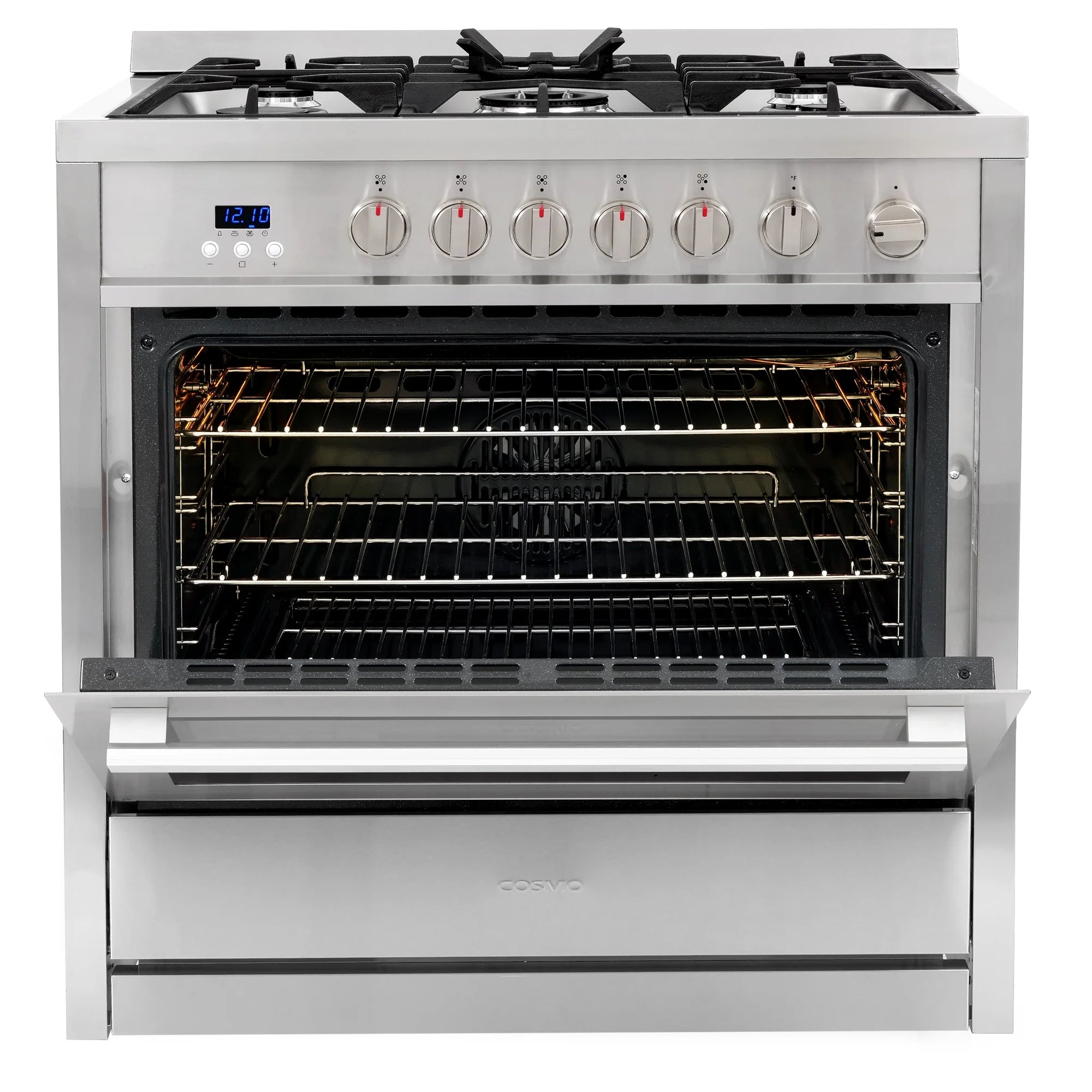 Cosmo 4 Piece Kitchen Appliance Packages with 36" Freestanding 220/240V Dual Fuel Range 36" Under Cabinet Mount Range Hood 24" Built-in Dishwasher & French Door Refrigerator Kitchen Appliance Bundles