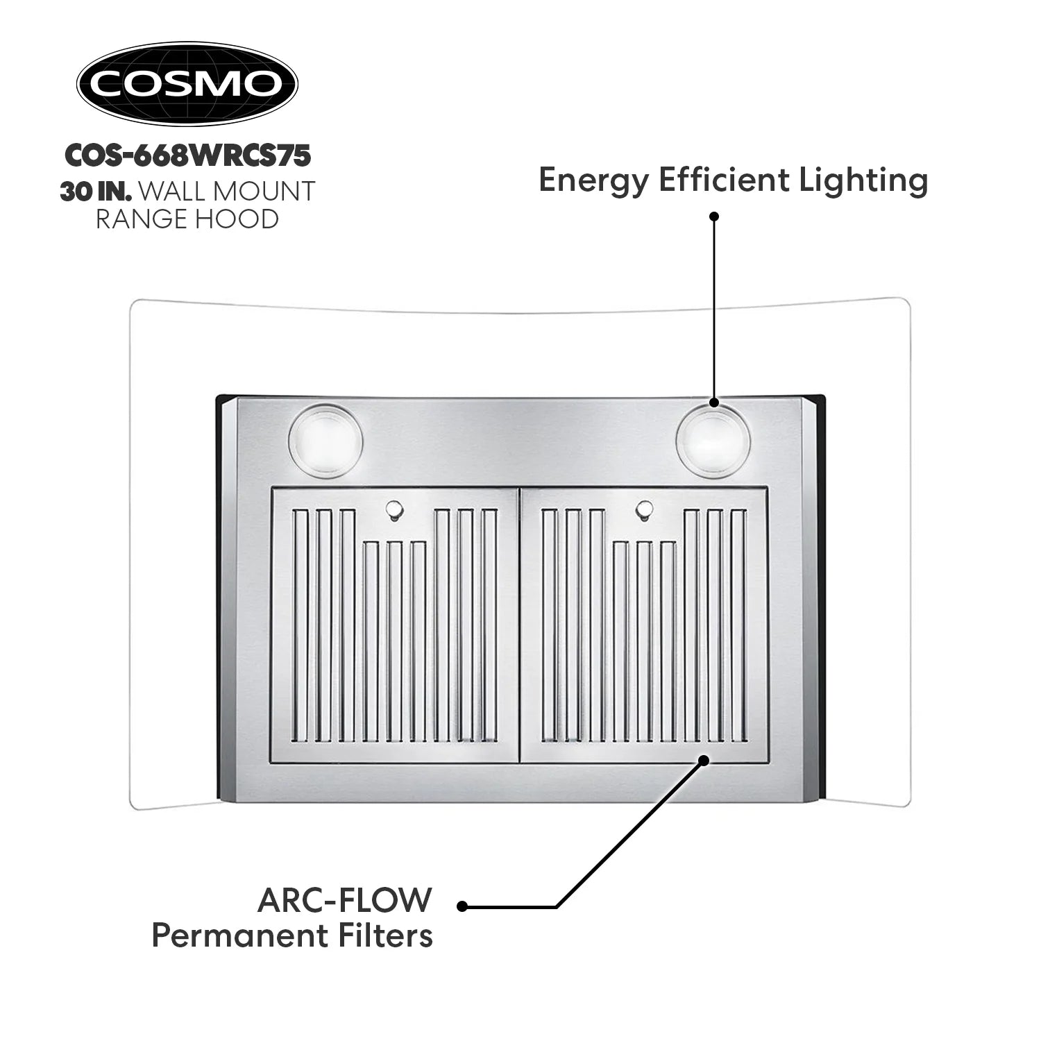 30 in. Vista Collection Ductless Wall Mount Range Hood, Button Controls, LED Lights, Stainless Steel