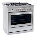 Cosmo 4 Piece Kitchen Appliance Packages with 36" Freestanding 220/240V Dual Fuel Range 36" Under Cabinet Mount Range Hood 24" Built-in Dishwasher & French Door Refrigerator Kitchen Appliance Bundles