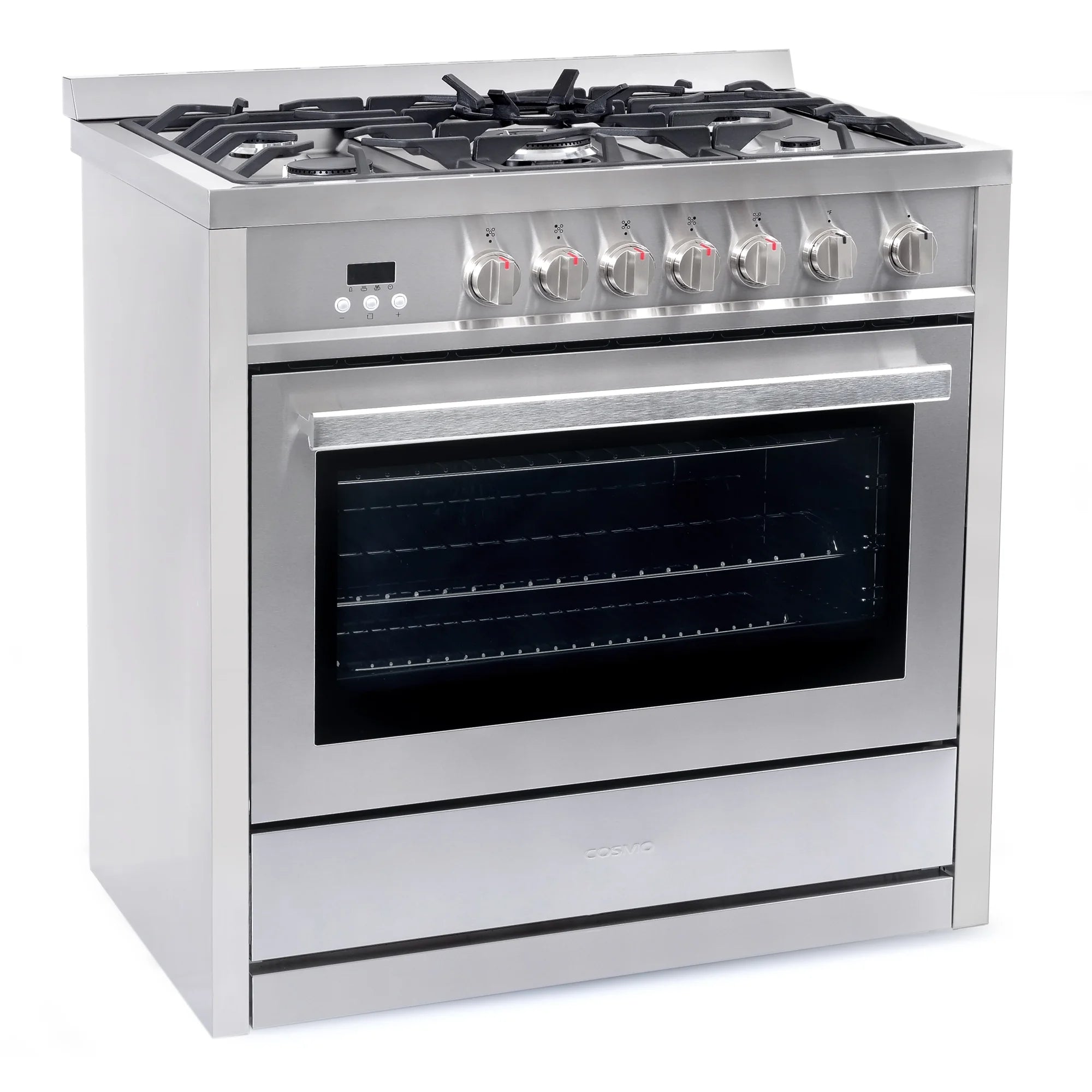 Cosmo 4 Piece Kitchen Appliance Packages with 36" Freestanding 220/240V Dual Fuel Range 36" Under Cabinet Mount Range Hood 24" Built-in Dishwasher & French Door Refrigerator Kitchen Appliance Bundles