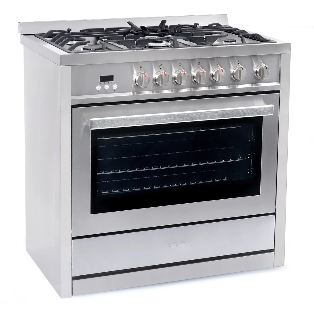 Cosmo 3 Piece Kitchen Appliance Package with 36" Freestanding Dual Fuel Range Kitchen Stove 24" Built-in Fully Integrated Dishwasher & French Door Refrigerator Kitchen Appliance Bundles