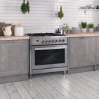 Cosmo 4 Piece Kitchen Appliance Packages with 36" Freestanding 220/240V Dual Fuel Range 36" Island Range Hood 24" Built-in Integrated Dishwasher & French Door Refrigerator Kitchen Appliance Bundles