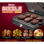 Ninja Sizzle Indoor Grill, 14'' Nonstick Grill Plate, Dishwasher-Safe Removable Mesh Lid, Even Edge-to-Edge Cooking, Black/Silver, GR100