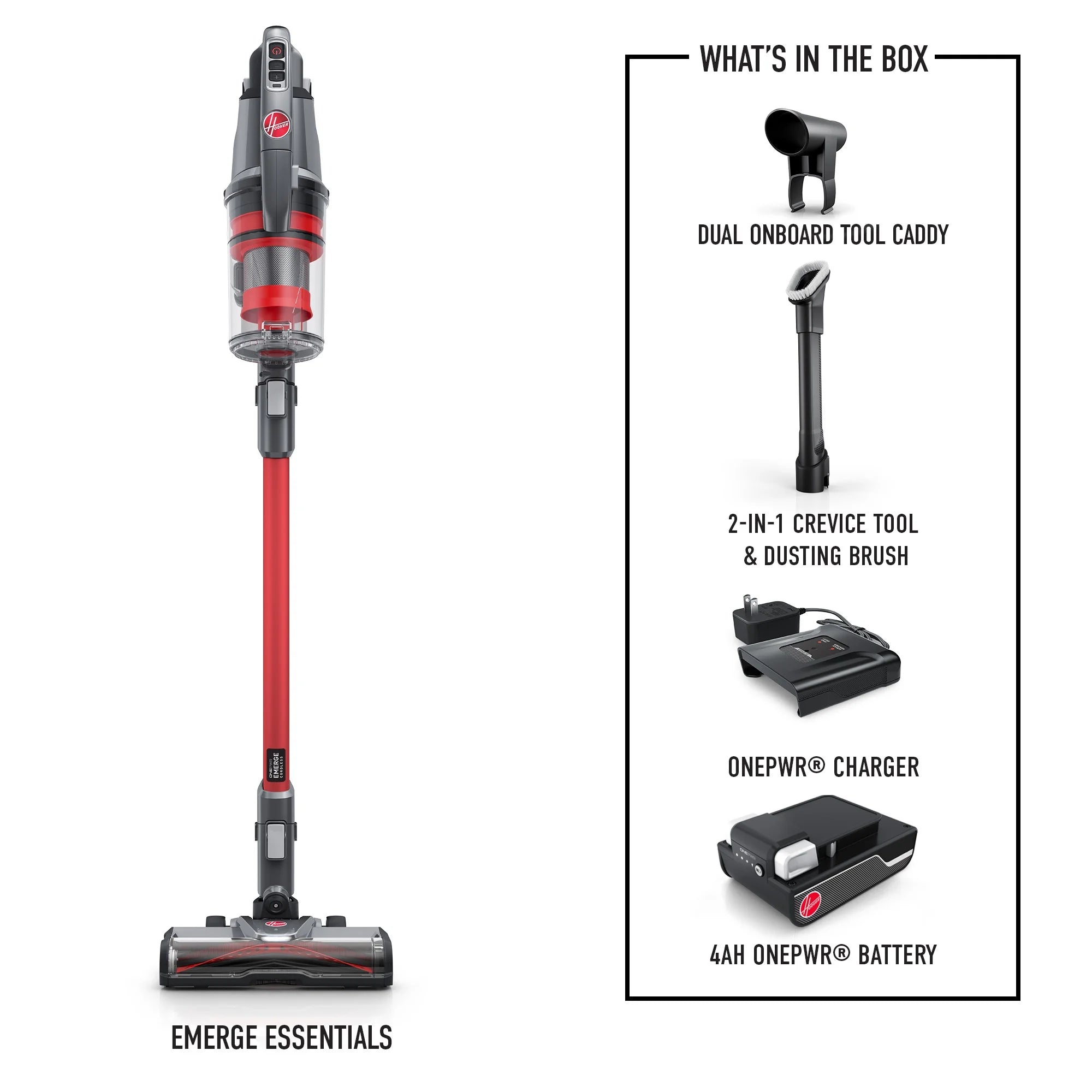 Hoover ONEPWR Emerge Essentials, Cordless Stick Vacuum Cleaner, Carpet, Hard Floor, Upholstery, Pet Hair, Removable Hand Vacuum, 45 Min. Run Time, for Home Use, BH53610V