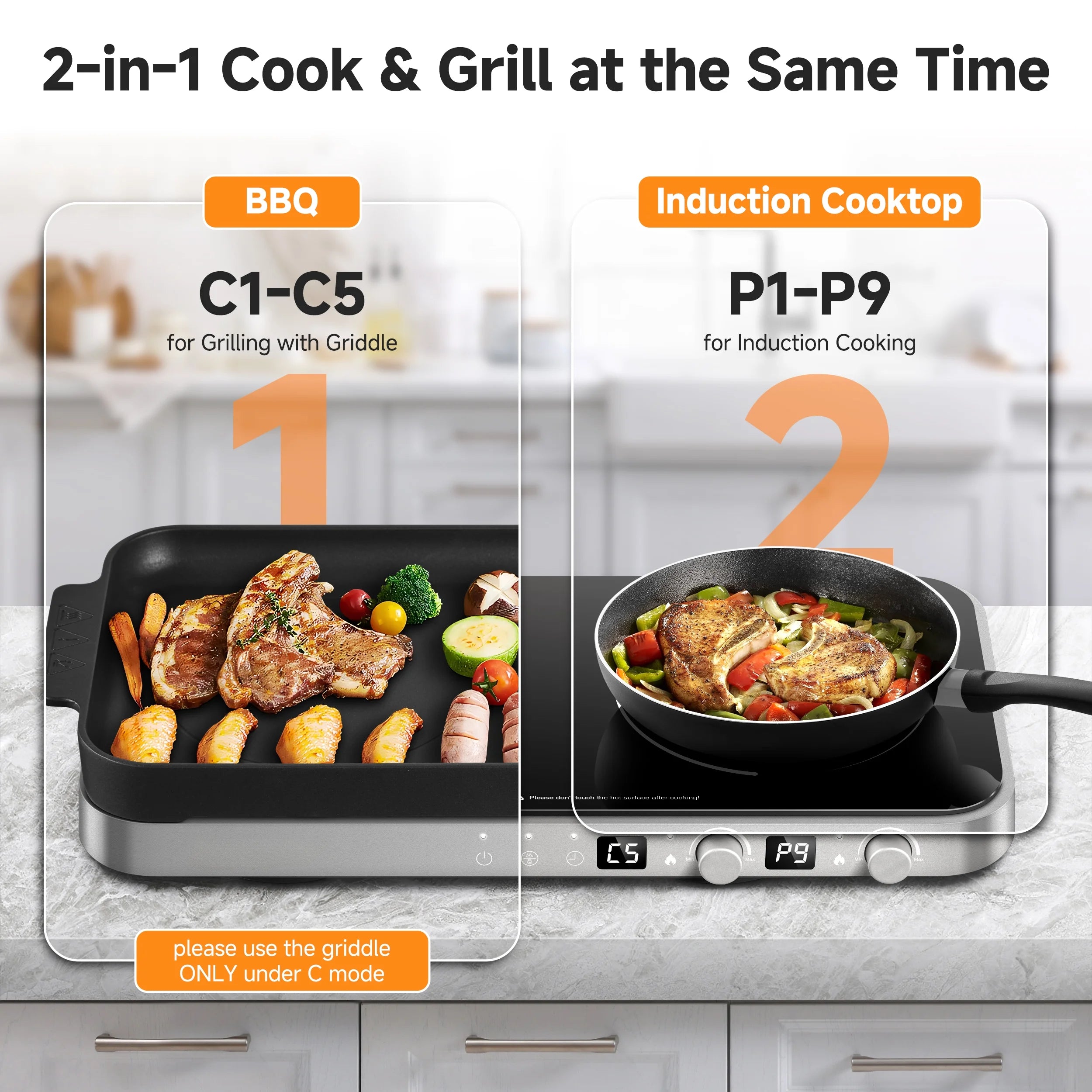 Sunmaki Portable Double Induction Cooktop with Removable Griddle Pan Non-stick, 1800W 2 burner Induction Hot Plate With Sensor Touch 9 Power Levels, 99 Min Timer,Great for Family Party