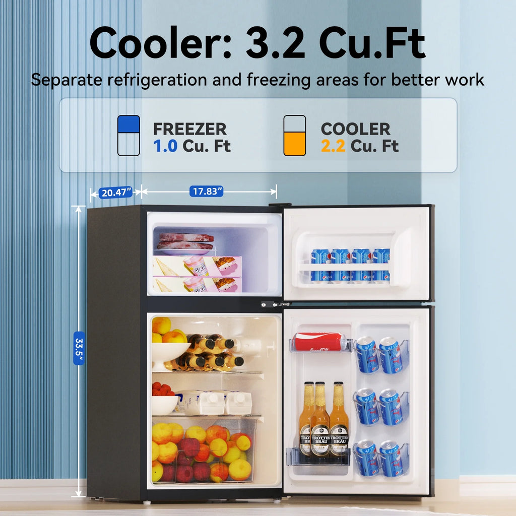 Frestec 3.2 cu. Ft.  Double Door mini fridge Compact Refrigerator, Black