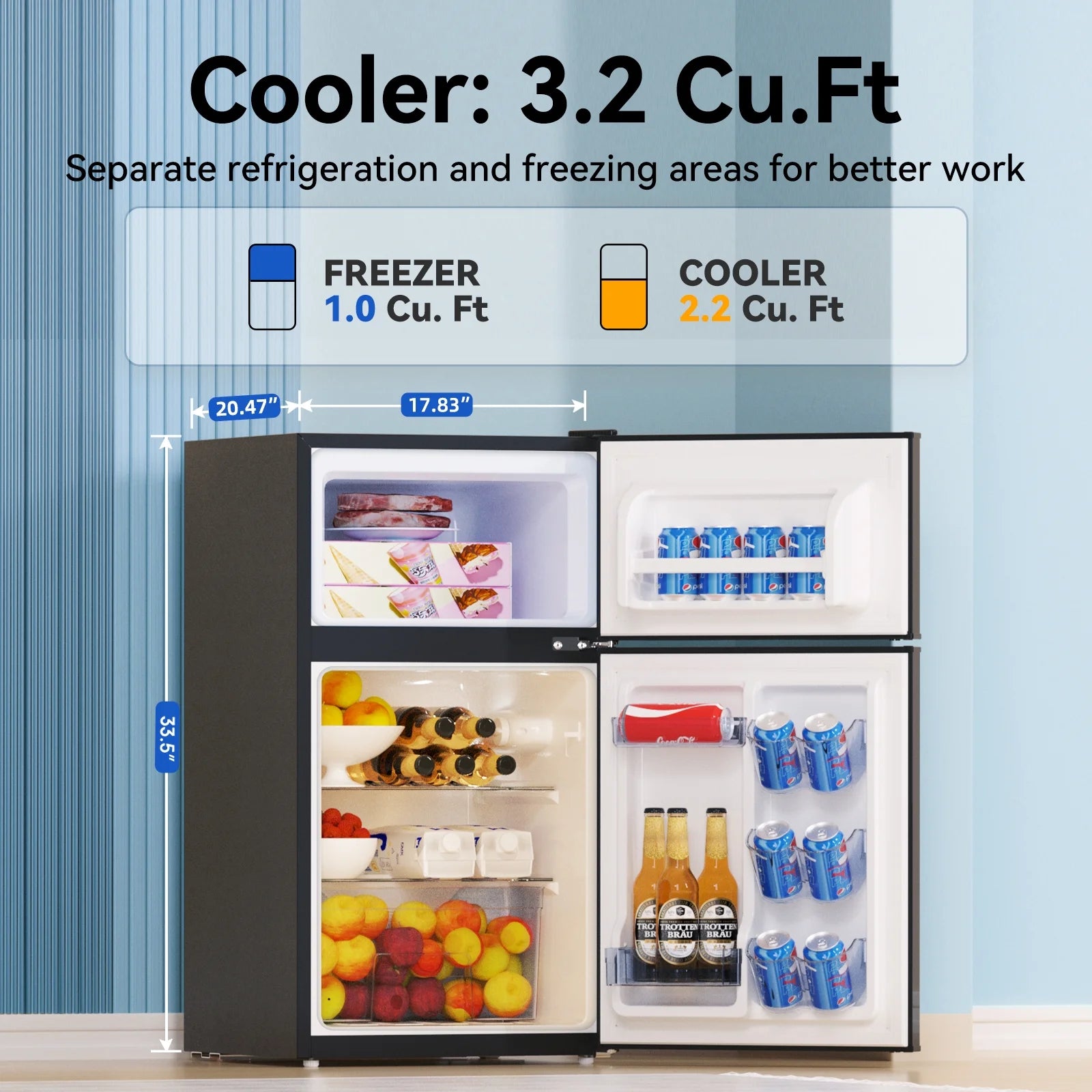 Frestec 3.2 cu. Ft.  Double Door mini fridge Compact Refrigerator, Black