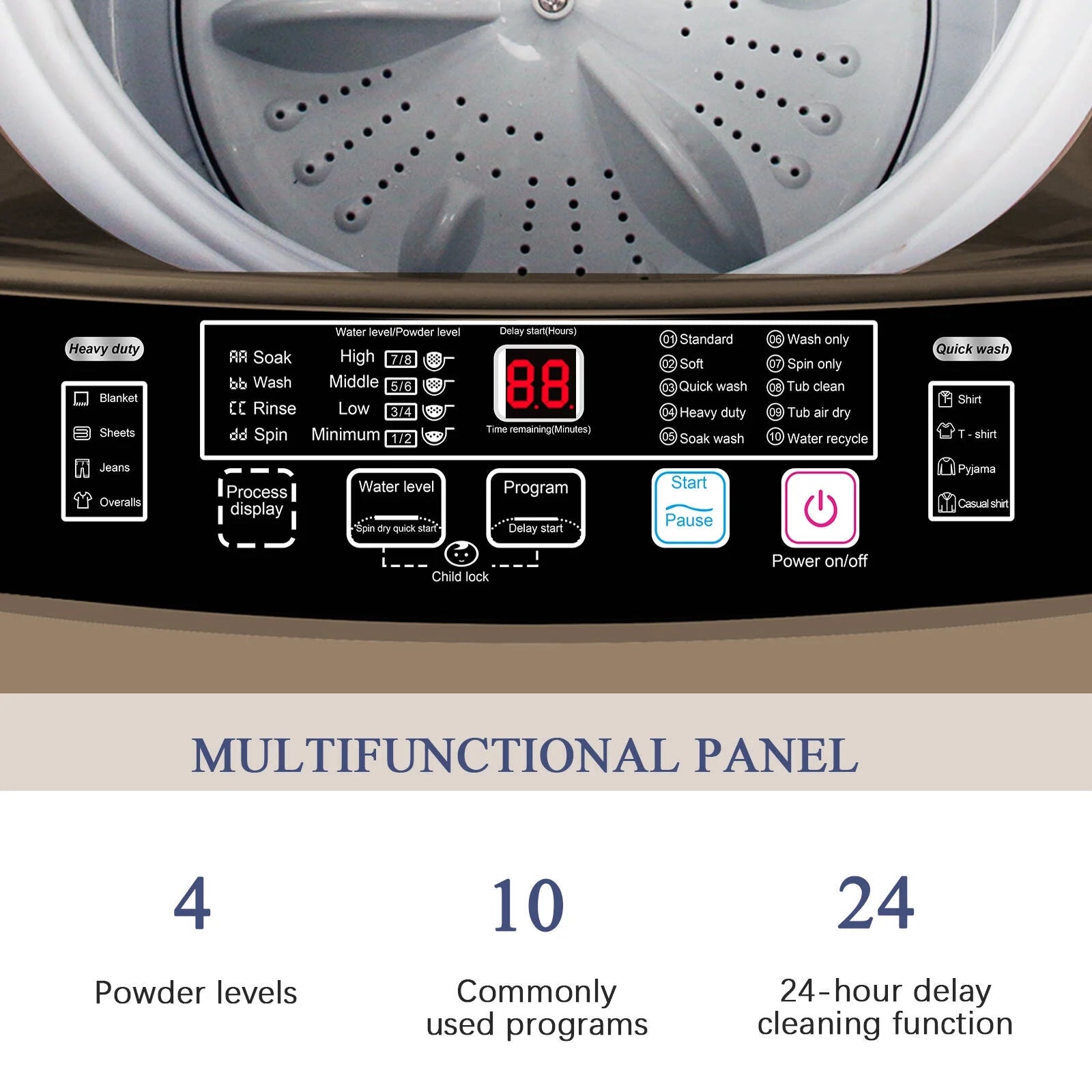 Krib B Full Automatic Washing Machine with Drain Pipe, 17.7 lbs Portable Washers with 10 Programs & 8 Water Levels, Suitable for Apartment, Dorm, Grey