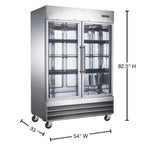 54 in. Commercial Freezer, Upright Reach-In Freezer 47 Cu.Ft. Stainless Steel, Auto-Defrost 2-Glass Door Freezer, NSF ETL
