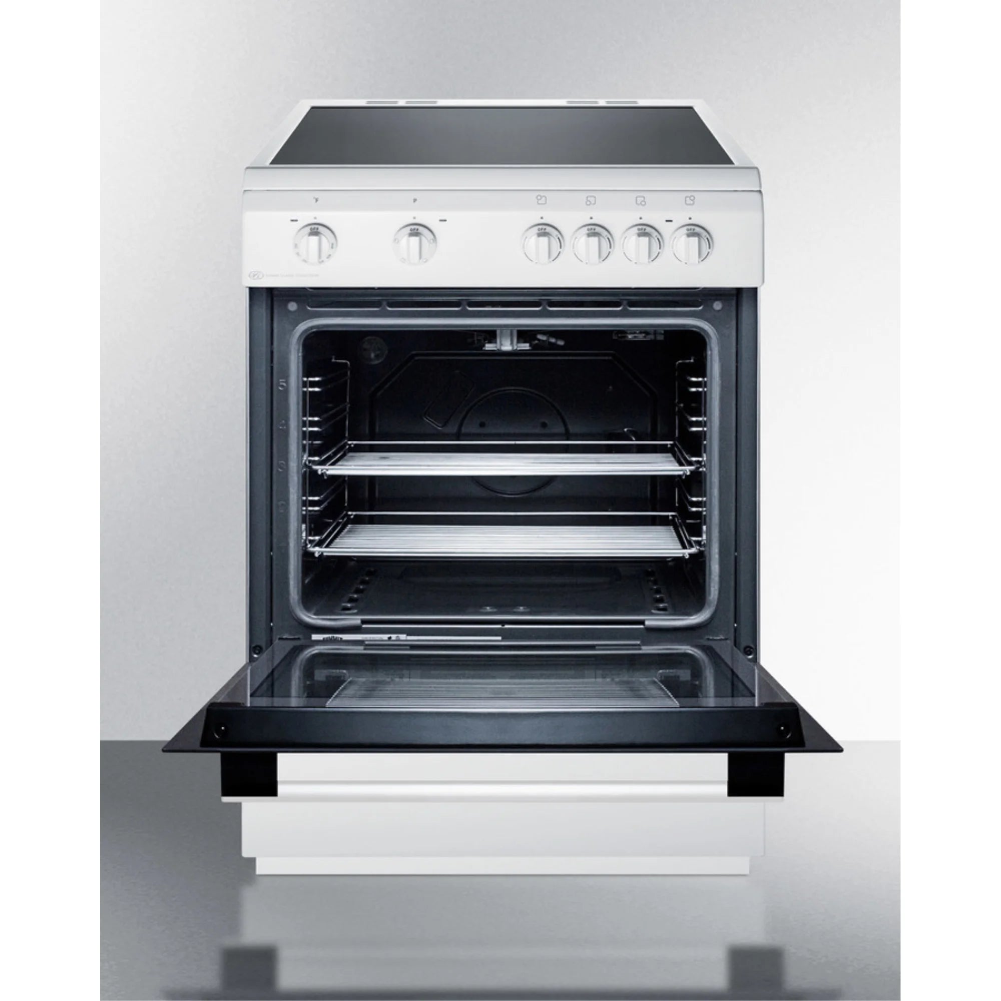24" wide smooth top electric range in slide-in style and white finish, with storage drawer and large oven window in black glass