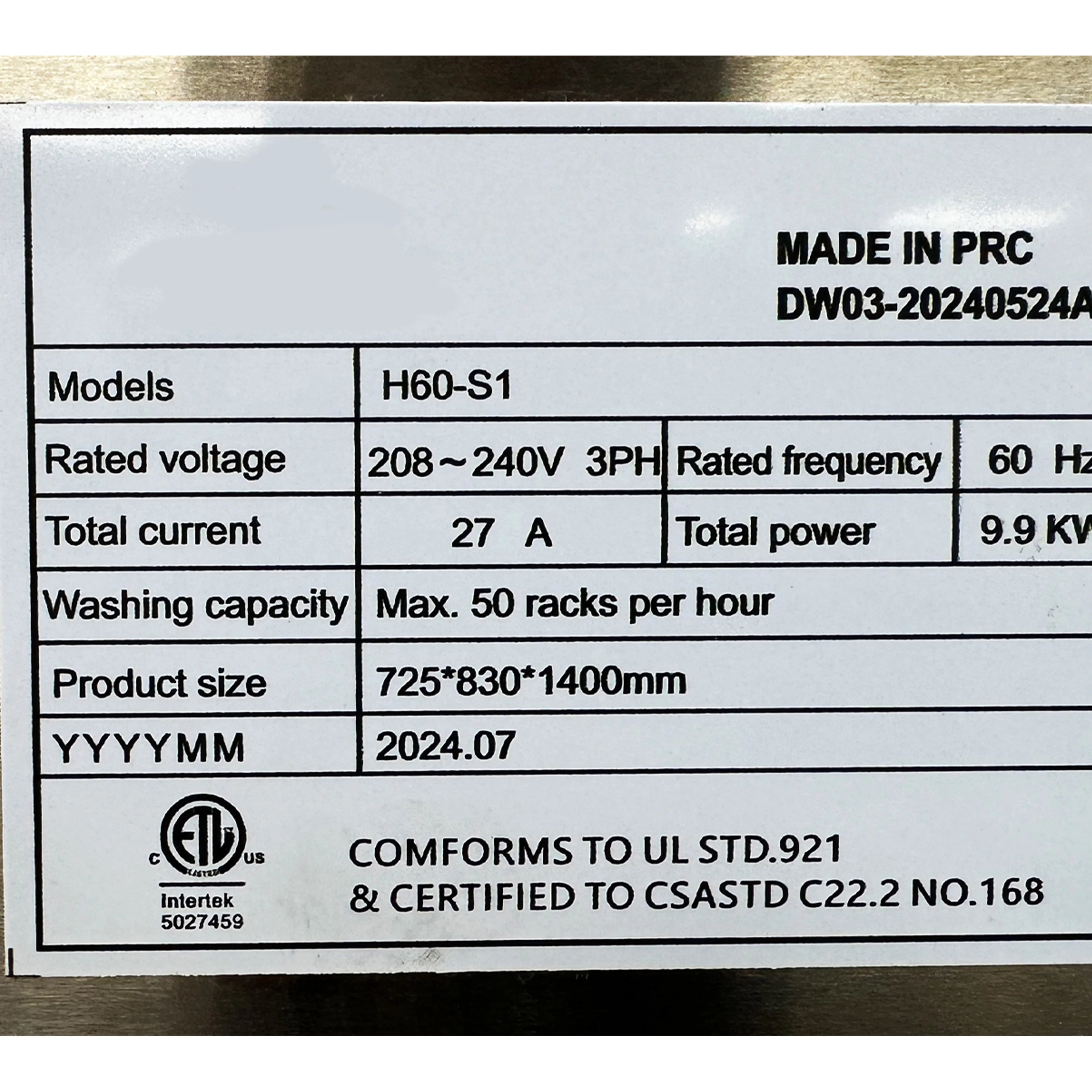 NSF 28 in. Single Rack Door Type Dishwasher, High Temp with Booster, 3-phrase 240V Freestanding Washer