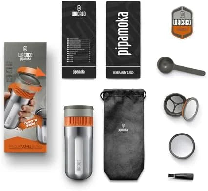 Pipamoka Portable Coffee Maker, Coffee brewer, All-in-one Vacuum Pressured .Insulated Travel Mug, Hand Powered and  Pressure Brewer, Stainless Steel Thermo Cup, 10 fl oz