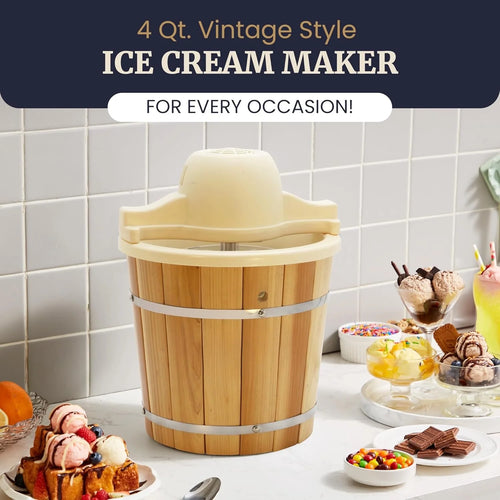 4 Quart Old Fashioned Electric Ice Cream Maker, Pine Bucket Style, Vintage Frozen Dessert Machine for Homemade Ice Cream, Frozen Yogurt & Gelato, Great for Families & Parties