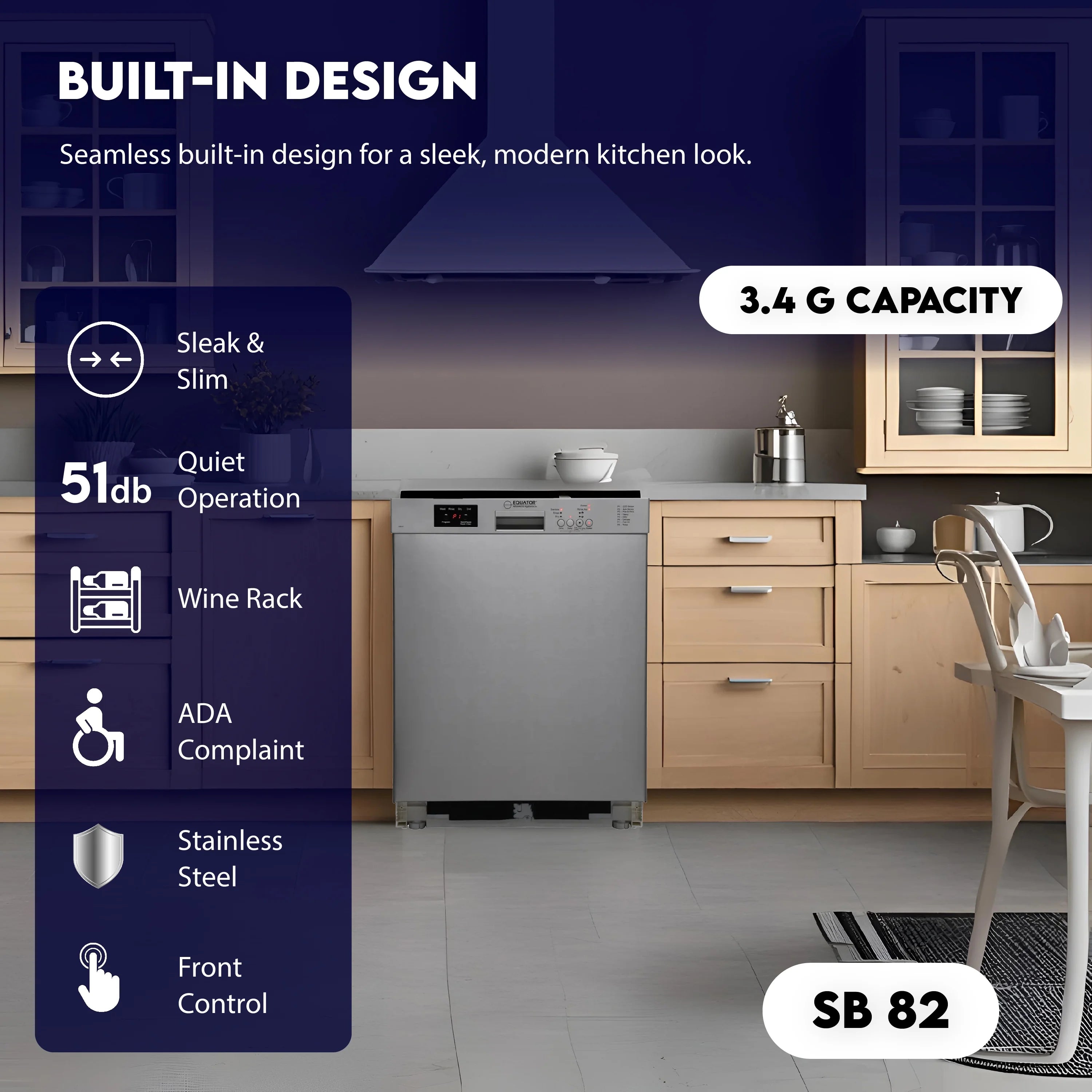 Equator 24" Built in 14 place Dishwasher in Stainless Energy Star Certfied, Quiet Operation and Advanced Santization