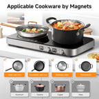 Sunmaki Portable Double Induction Cooktop with Removable Griddle Pan Non-stick, 1800W 2 burner Induction Hot Plate With Sensor Touch 9 Power Levels, 99 Min Timer,Great for Family Party