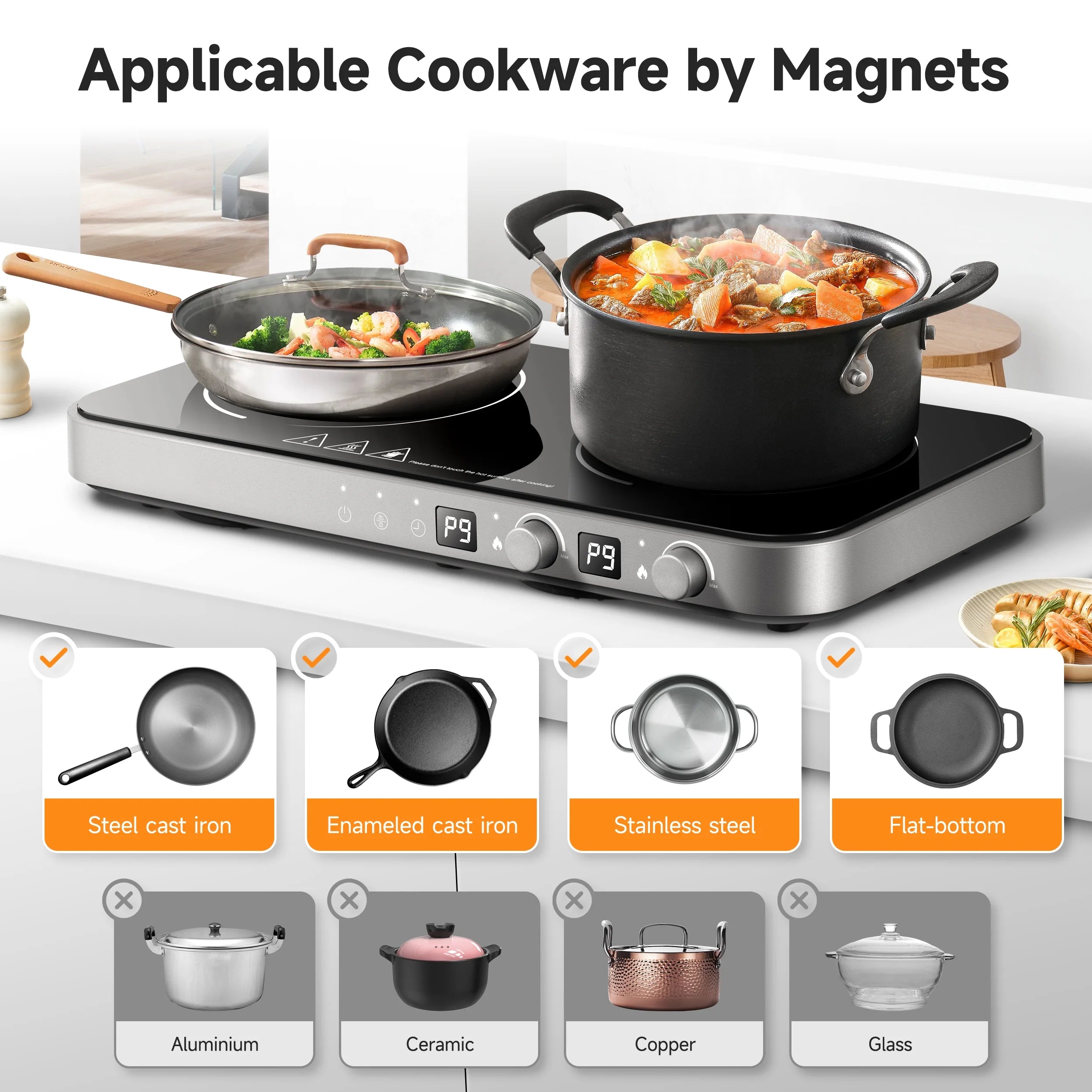 Sunmaki Portable Double Induction Cooktop with Removable Griddle Pan Non-stick, 1800W 2 burner Induction Hot Plate With Sensor Touch 9 Power Levels, 99 Min Timer,Great for Family Party