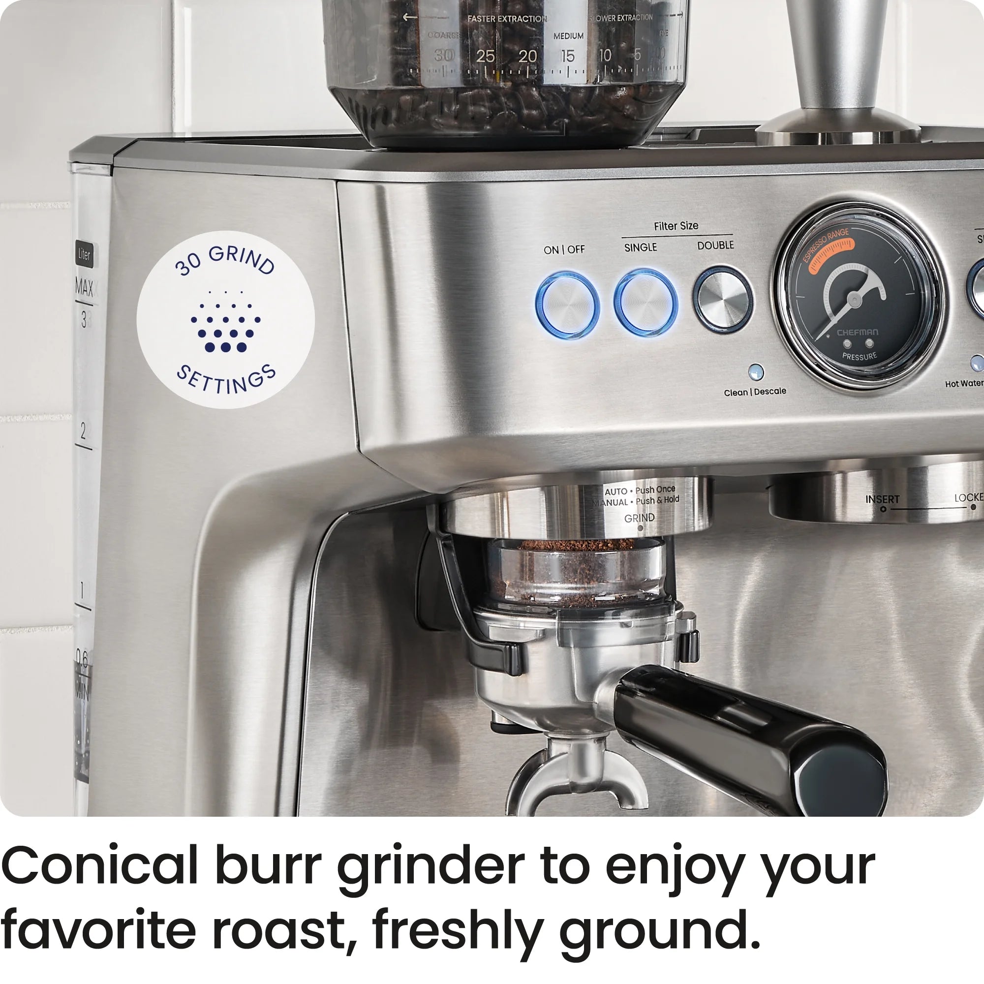 Chefman Crema Supreme Espresso Machine with Conical Burr Grinder and Steam Wand a?? Stainless Steel, New