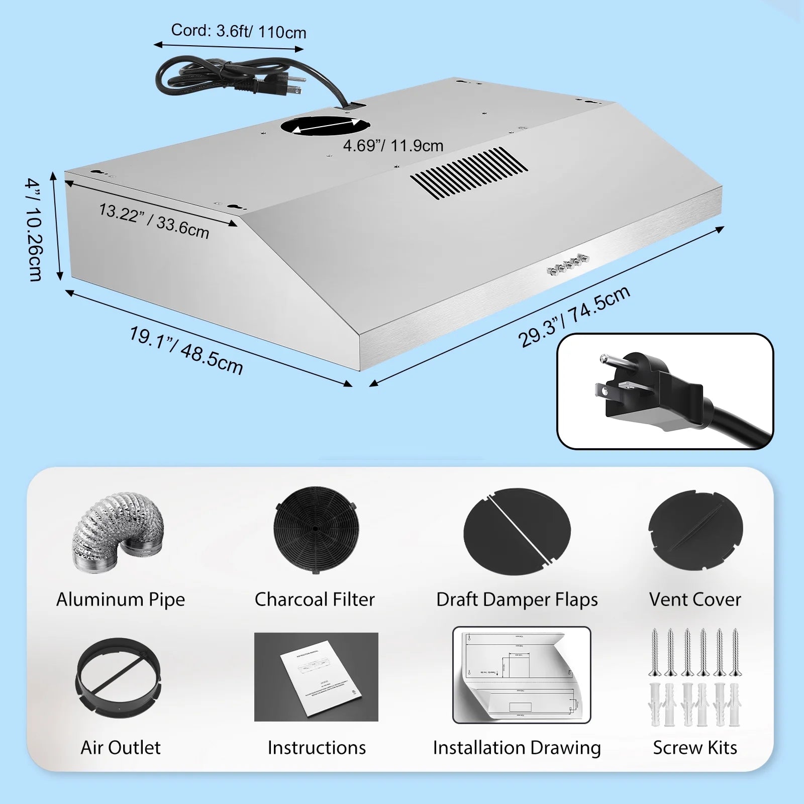 GRACEALL 30 Inch Range Hood Under Cabinet Oven Vent Hood, Ducted/ Ductless Convertible Kitchen Extractor, Stainless Steel Stove Exhaust Fan, Charcoal Filter and Exhaust Pipe Included