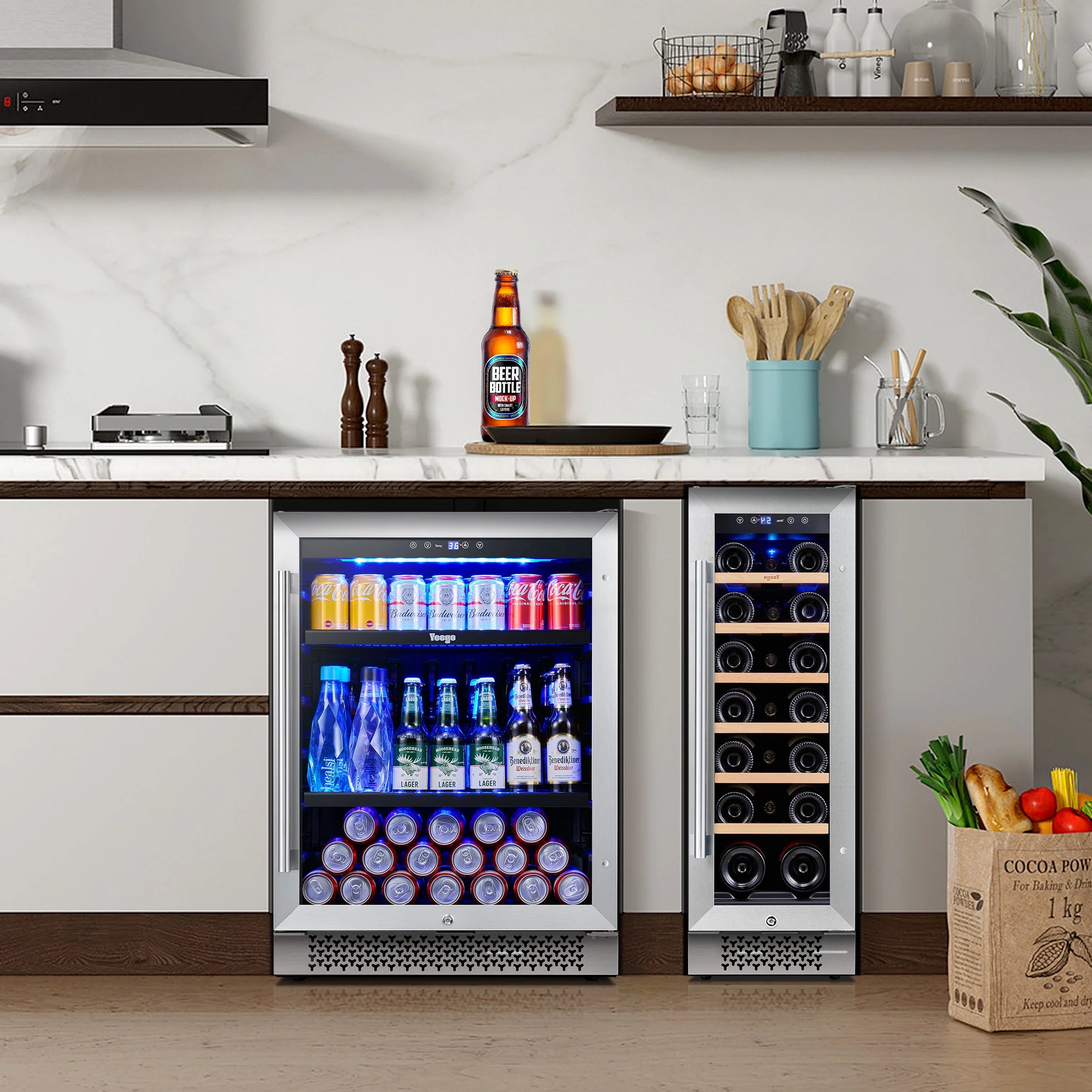 Yeego 30" Wine and Beverage Refrigerator,Two 15" Wine and Beverage Cooler Under Counter or Freestanding, Hold 33 Bottles and 80 Cans(Two Pack)