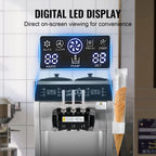 KFFKFF Soft Serve Ice Cream Machine for Commercial Use, 34-44 L/H Production, 3400W, Triple Flavor, Freestanding Design, Dual 9L Stainless Hoppers, LED Control for Single Cylinder