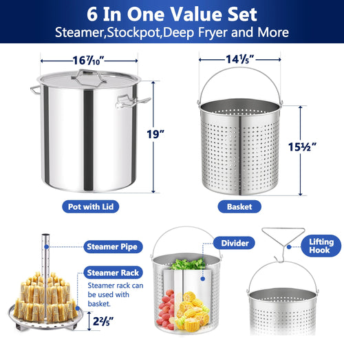 64QT Stainless Steel Pot with 200,000BTU Propane Fryer, Seafood Boil Pot, Crab Boil Pot, Lobster Pot, Shrimp Boil Pot, Tamale Steamer Pot with Basket and Turkey Fryer Burner