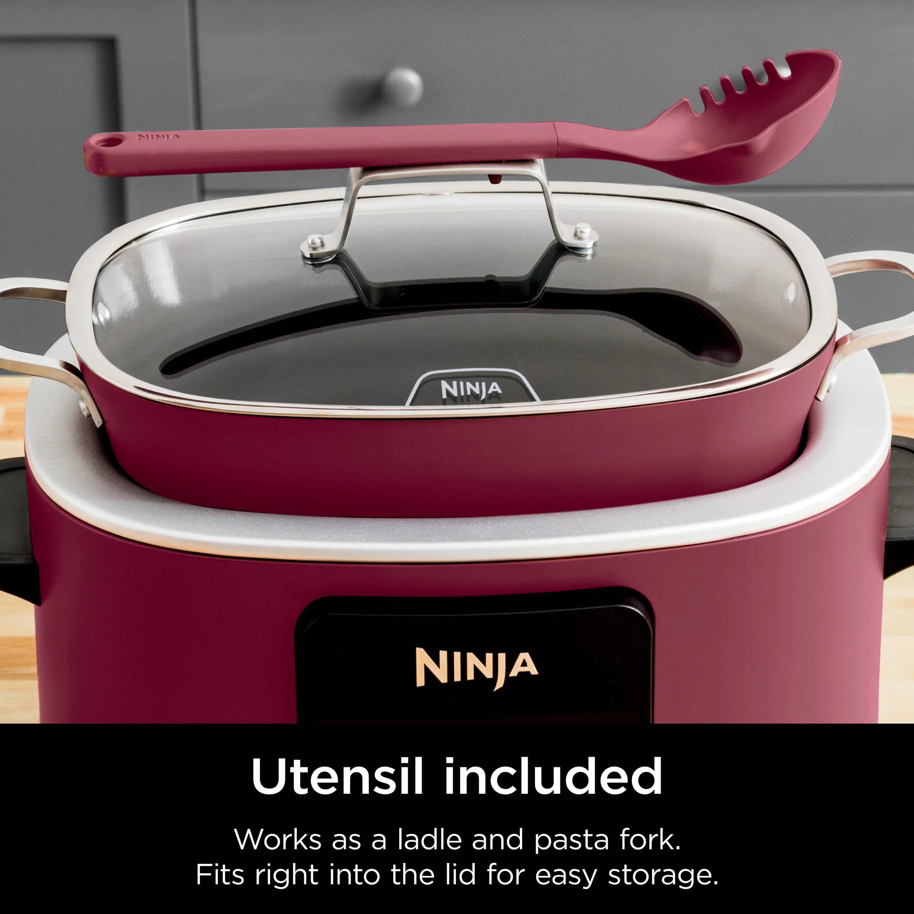 Ninja Foodi Possible Cooker, 8.5 Quart, 6-in-1 Multi-Cooker, Slow Cooker, Steamer, Glass Lid Integrated Cooking Utensil, Nonstick, Oven Safe Pot to 500°F, Cherry Tarte, MC1000WM