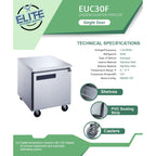 29 in. Worktop/Undercounter Freezer 7 Cu.Ft. Commercial Freezer in Stainless Steel, NSF Certified