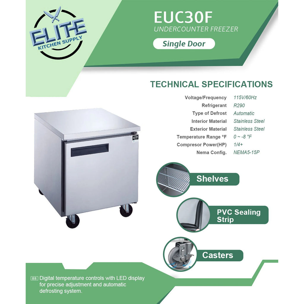 NSF 29 in. Undercounter Freezer 7 Cu.Ft.  Worktop Single Door Stainless Steel Commercial Freezer