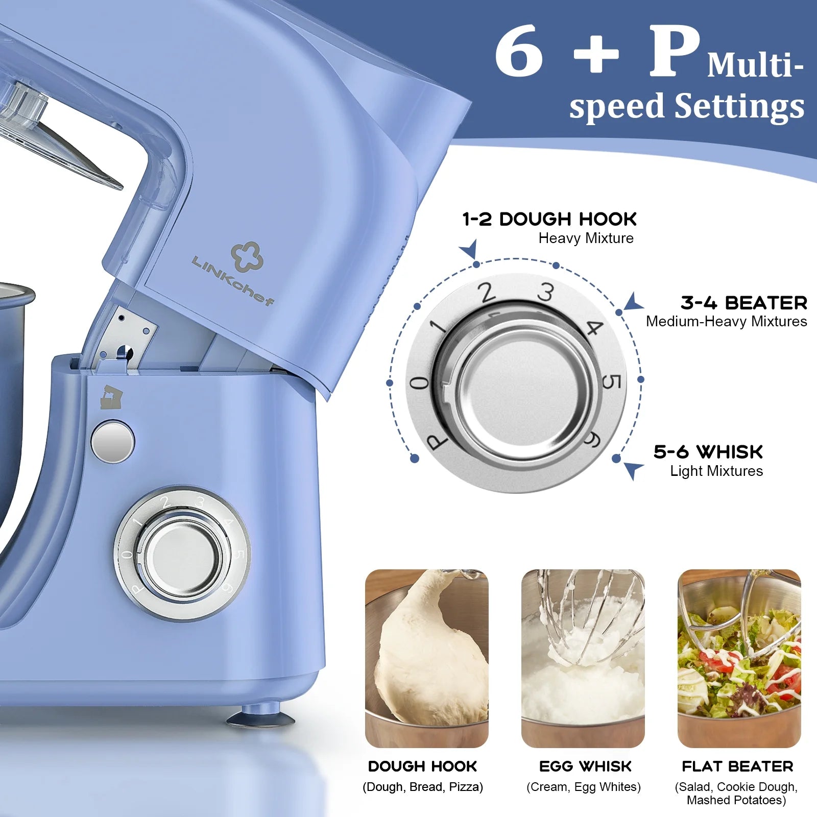 LINKChef Stand Mixer, 5.3QT 800W 6+P Speeds with Whisk, Dough Hook and Beater (White)
