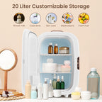 Dimmable LED Light Mirror Fridge - 20L Makeup Mini Fridge For Cosmetics, Skin Care, And Food - White