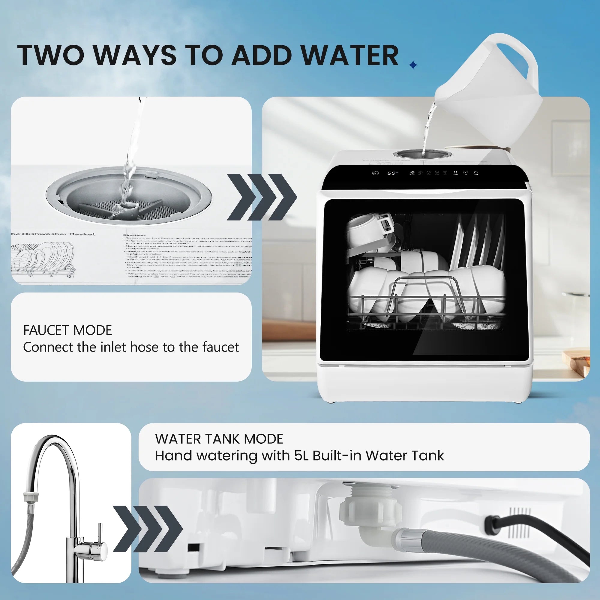 Simzlife Portable  Countertop Dishwasher with 5-Liter Built-in Water Tank and Air-Dry Function, 5 Washing Programs, 4 Place Setting