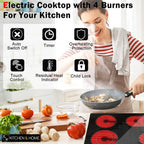 K&H German Designed 4 Burner 30 Inch Built-in Electric Stove Top Radiant Ceramic Kitchen Cooktop Knob Control 240V 7200W CE30-7206K
