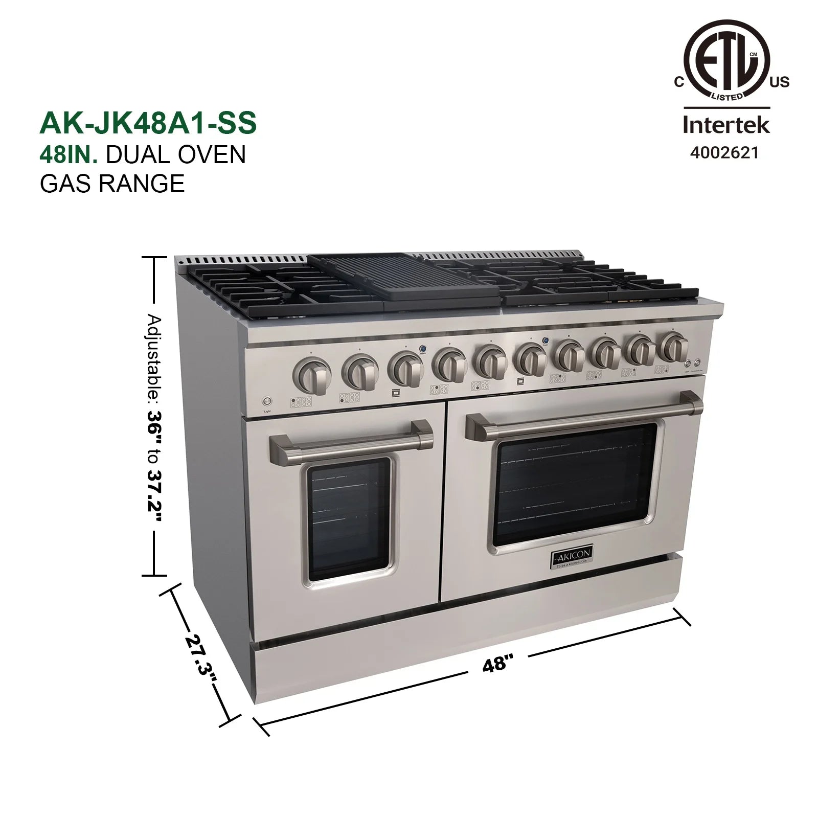 Akicon 48" Slide-in Freestanding Professional Style Gas Range with 6.7 Cu. Ft. Oven, 8 Burners, Convection Fan, Cast Iron Grates, & Blue Porcelain Oven Interior, In Stainless Steel