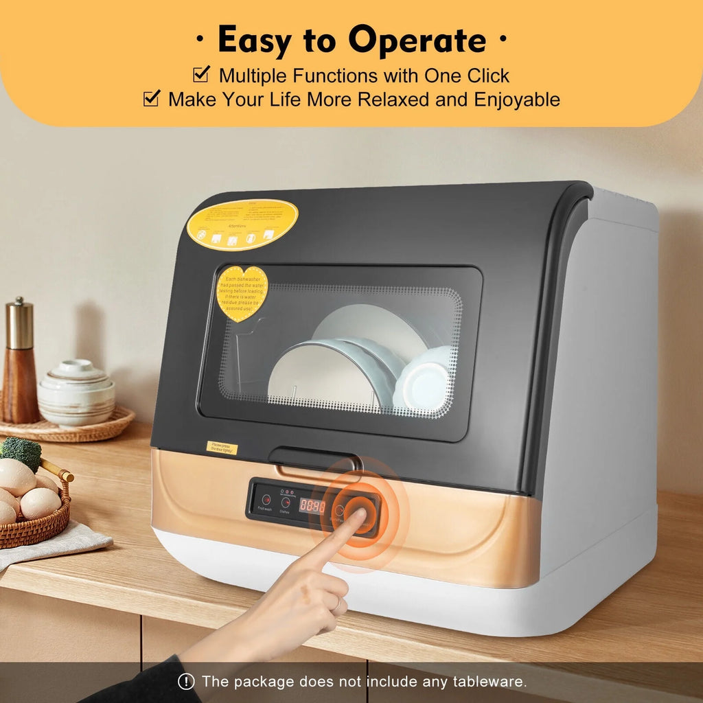 Non-Installation Compact Dishwasher, 4-6 Sets Capacity, 99.9% Sterilization, Black/White/Gold, 800W, for Home Use