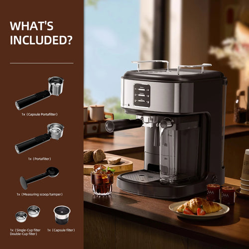 Auseo 20 Bar Espresso Machines, Espresso Coffee Maker with Milk Frother Steam Wand, Ground Coffee & Capsules, Black and Stainless Finish, Espresso/Cappuccino/Latte/Mocha for Home