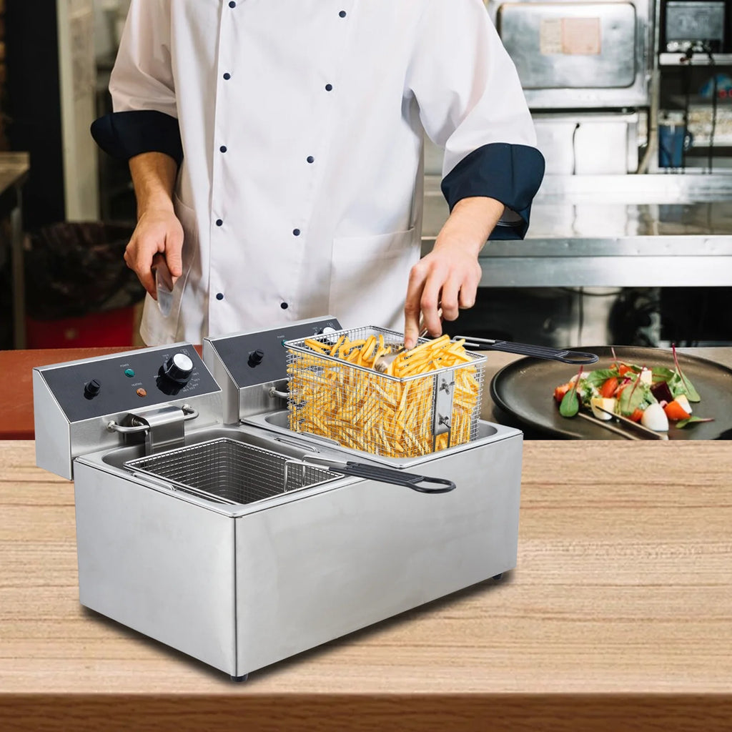 Yesurprise 6/10/12L Commercial Electric Deep Fryer Dual Tank w/Basket & Lid Countertop Stainless Steel Deep Fryer for Large Tank French Fries Onion Rings