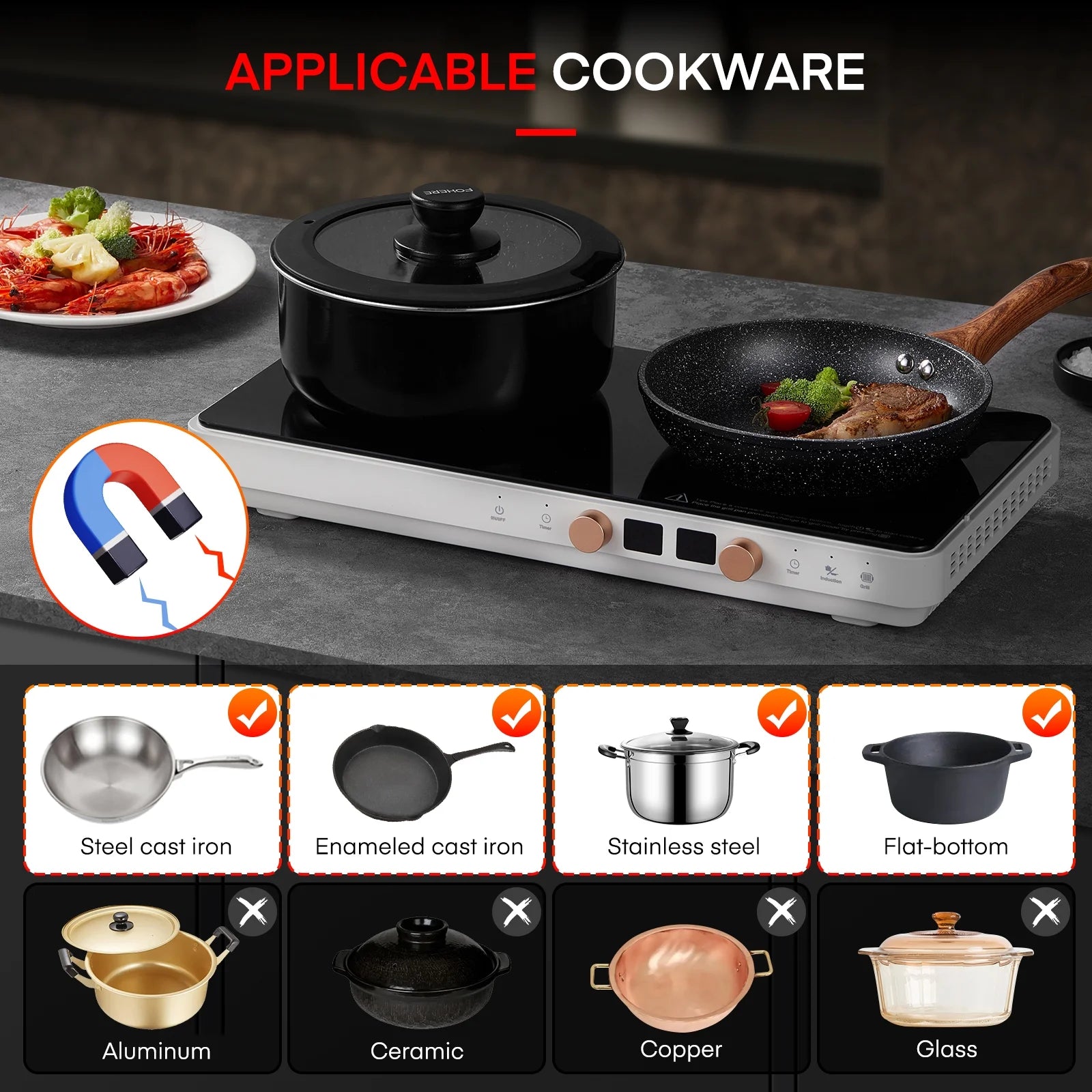 Induction Cooktop 2 Burners, 1800W Countertop Burners with Removable Cast Iron Griddle Pan Non-Stick, 8 Power Levels Control