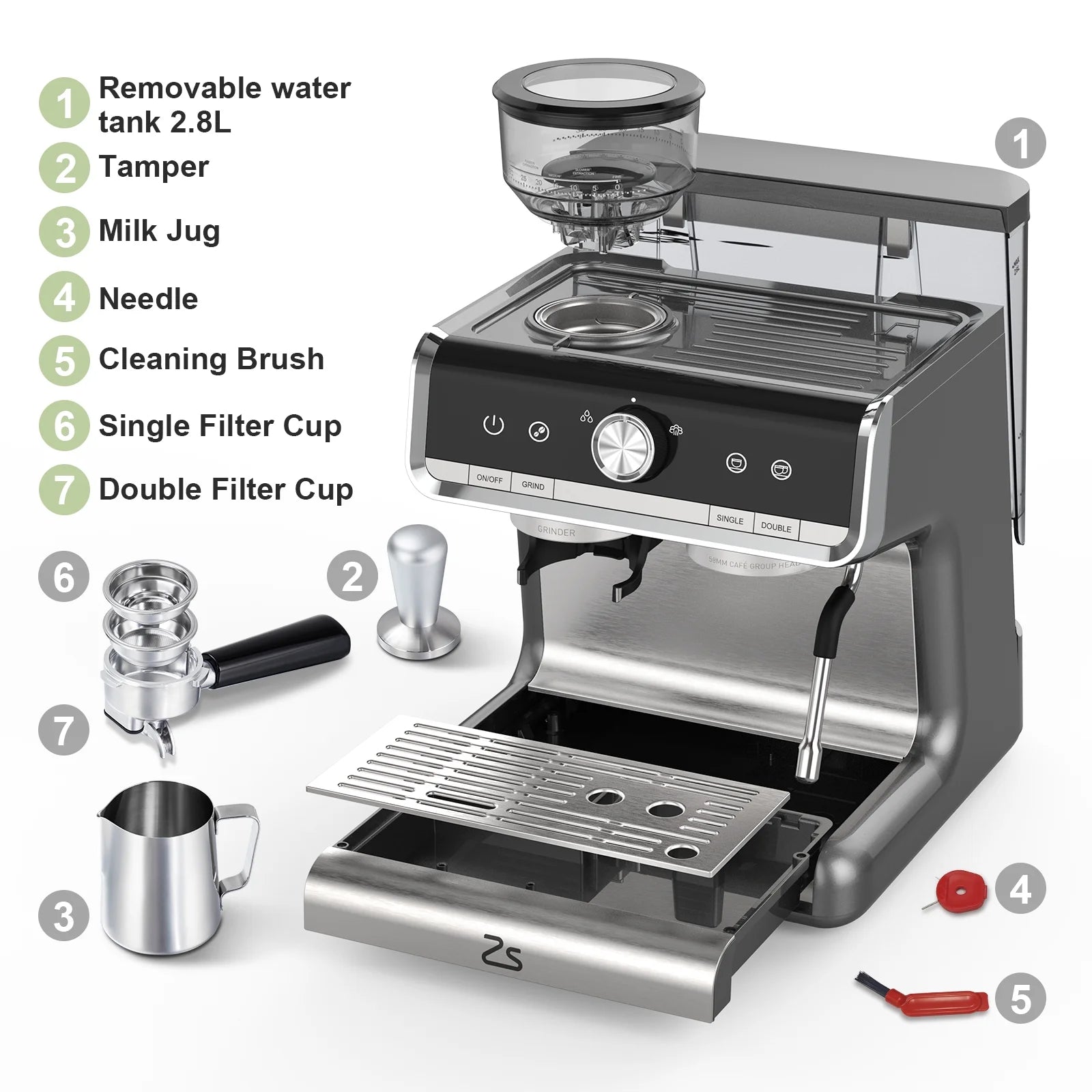 COZONY Espresso Machine 15 Bar, 2.5 L Water Tank, Semi Automatic Coffee Maker with Grinder, Milk Frother/Steam Wand, Italian Pump, All-in-One Espresso Machine, Stainless Steel, Silver