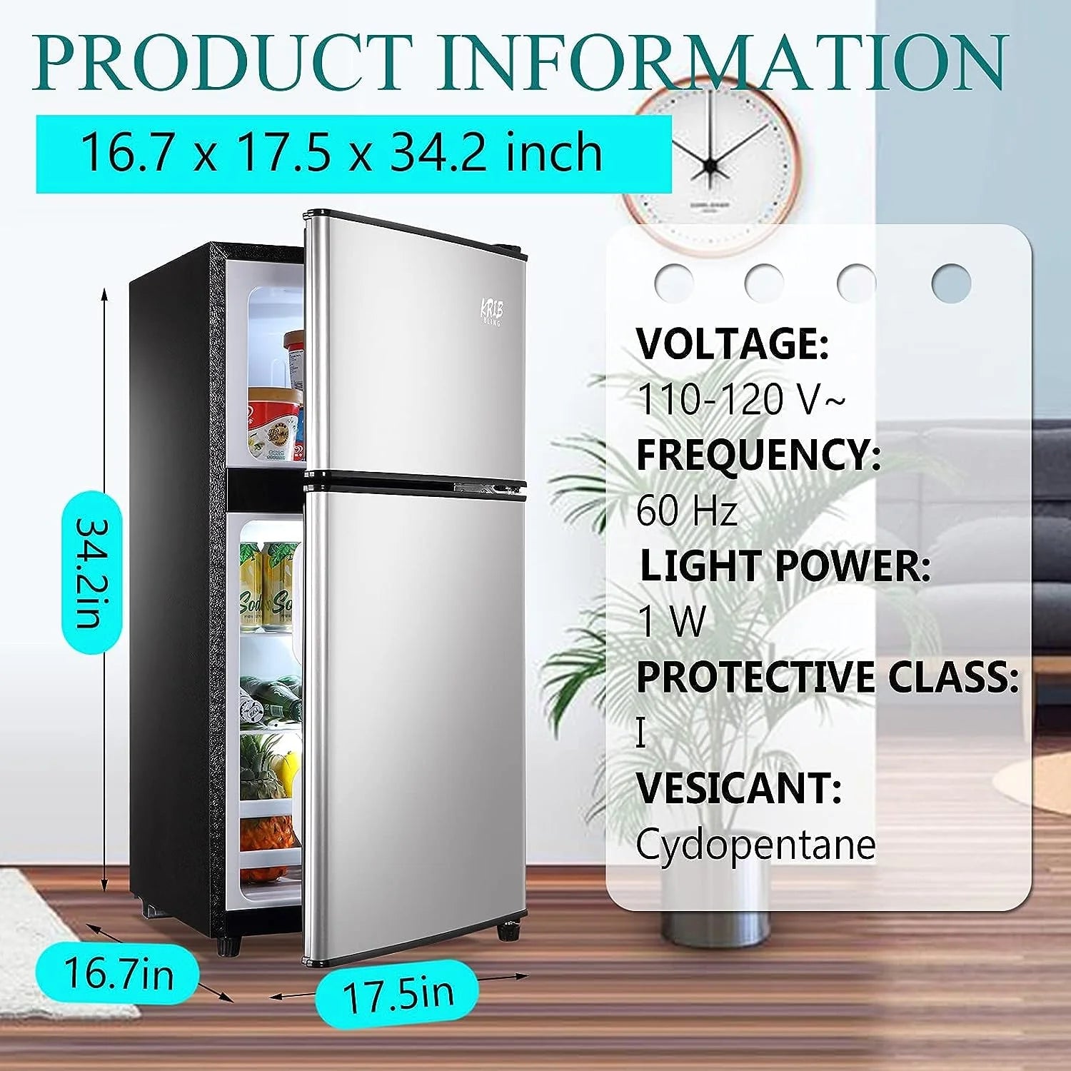 KRIB BLING 3.2 Cubic Feet Double Door Mini Fridge with Freezer, Mini Compact Refrigerator 2 Doors for Dorm, Office, Apartment, RV, Bedroom, Black