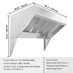 KFFKFF 9FT Stainless Steel Exhaust Hood for Commercial Use, Suitable for Food Trucks and Concession Trailers, Includes 4 Removable U-shaped Grease Filtration Meshes, Durable and Resists Corrosion