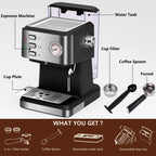 Bluebow Espresso Machine 20 Bar, 1.5L Water Tank Pressure Gauge Milk Frother Steam Coffee Maker, Silver