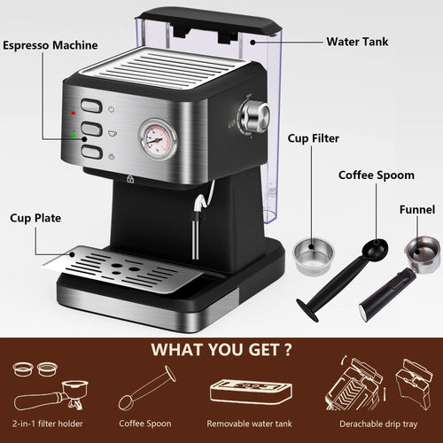 Bluebow Espresso Machine 20 Bar, 1.5L Water Tank Pressure Gauge Milk Frother Steam Coffee Maker, Silver